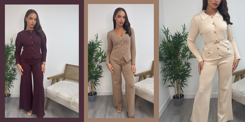 Wholesale women’s knit co-ord sets being worn by model in burgundy, camel, and cream  button-up top and wide-leg trouser matching sets from AW25 wholesale collection for retail buyers.