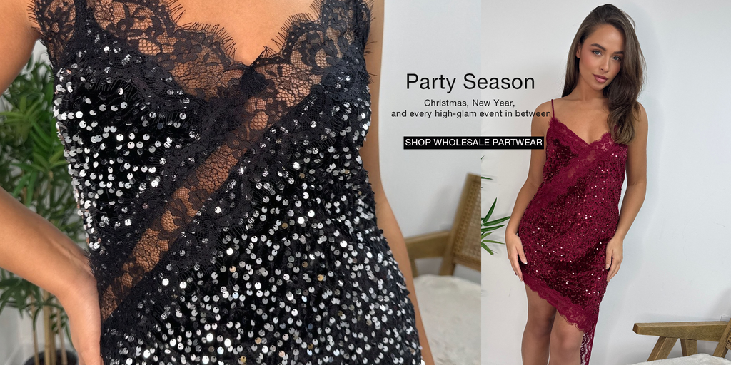Black sequin dress with lace details on the left, and a woman in a burgundy slip dress on the right.