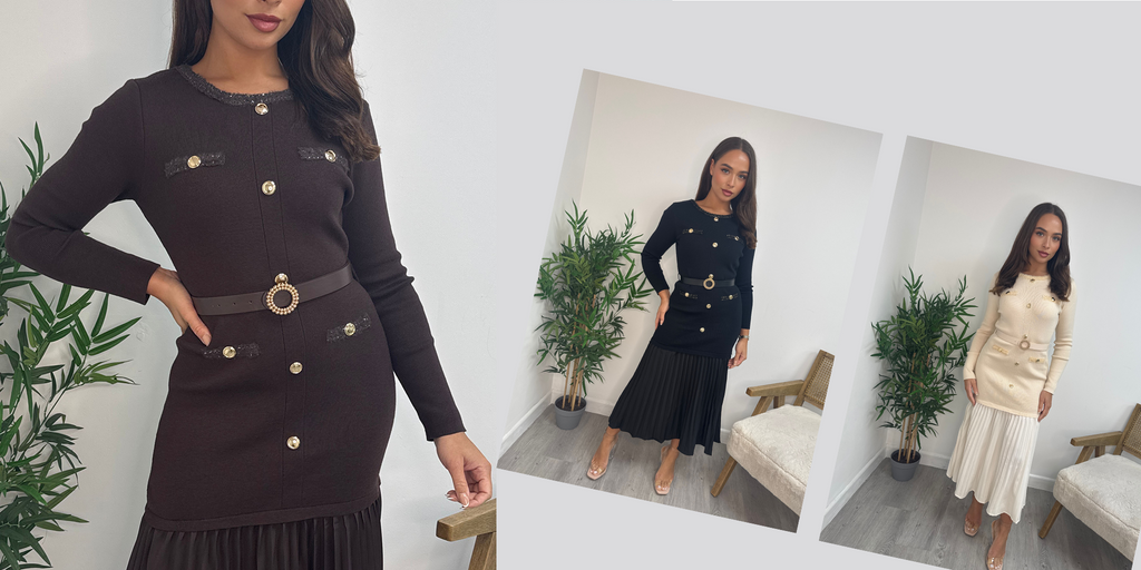 Wholesale women’s pleated knit midi dresses in brown, black and cream worn by model. Long sleeve button-detail dresses with belted waist from the AW25 wholesale clothing collection for retail buyers