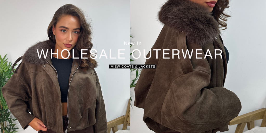 Woman wearing a brown suede jacket with fur collar, promotional text for wholesale outerwear.